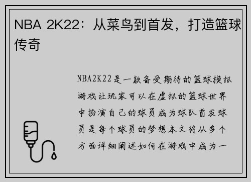 NBA 2K22：从菜鸟到首发，打造篮球传奇